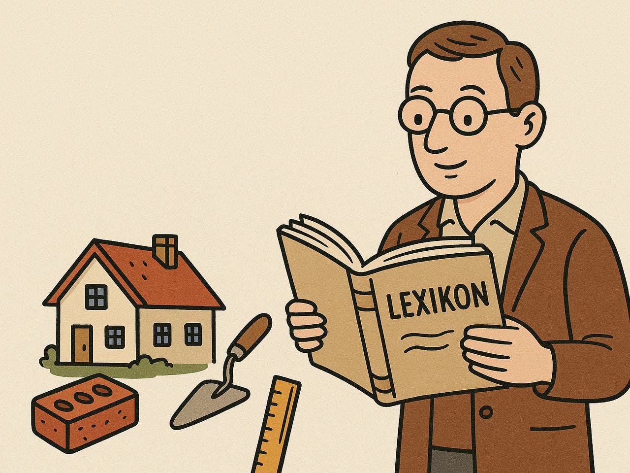 Illustration eines Mannes mit Lexikon vor einem Hausmodell und Werkzeug - Bau- & Immobilienwissen