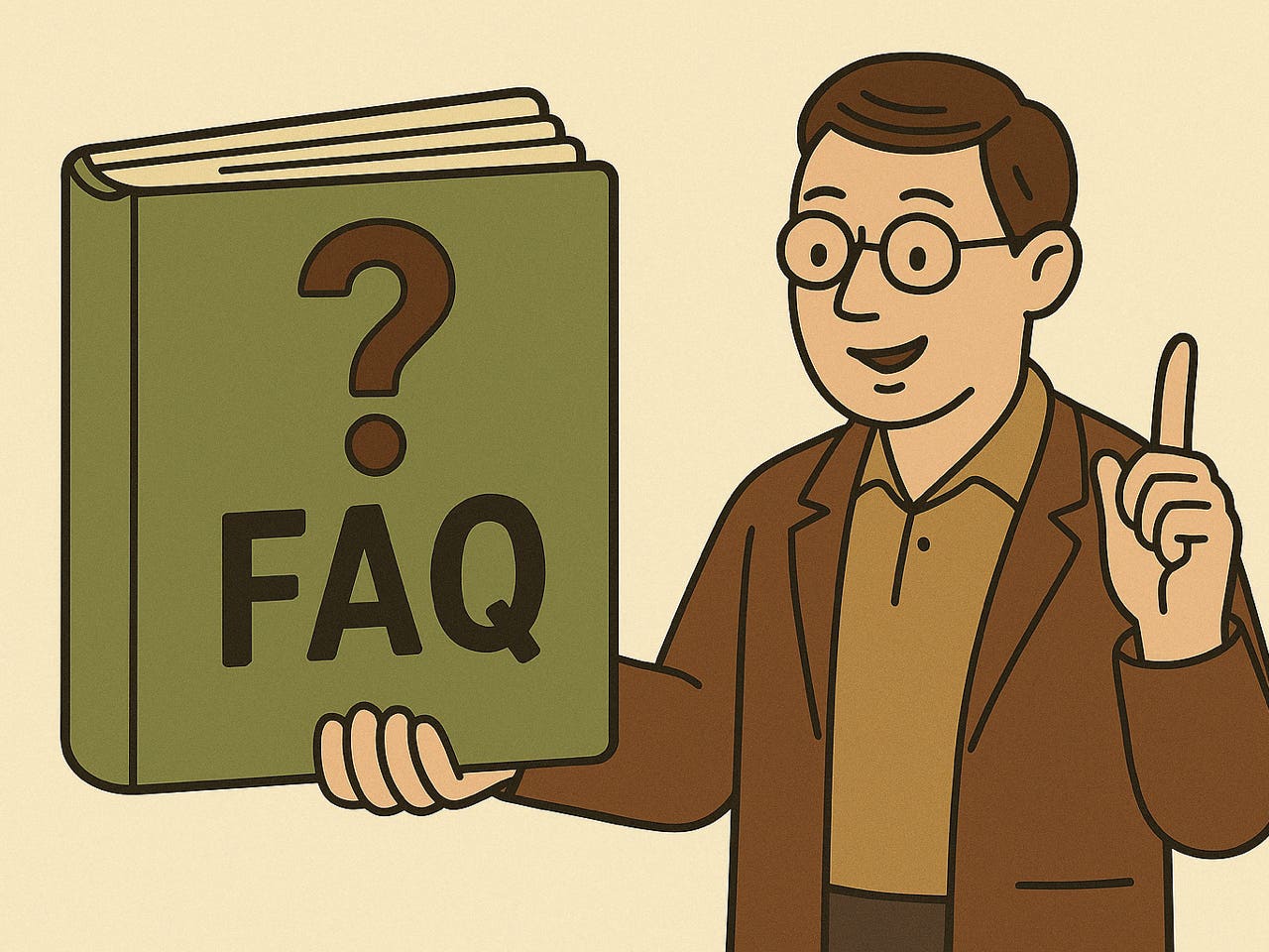 Illustration einer Person mit Buch mit Aufschrift FAQ - Symbolbild zu häufig gestellten Fragen