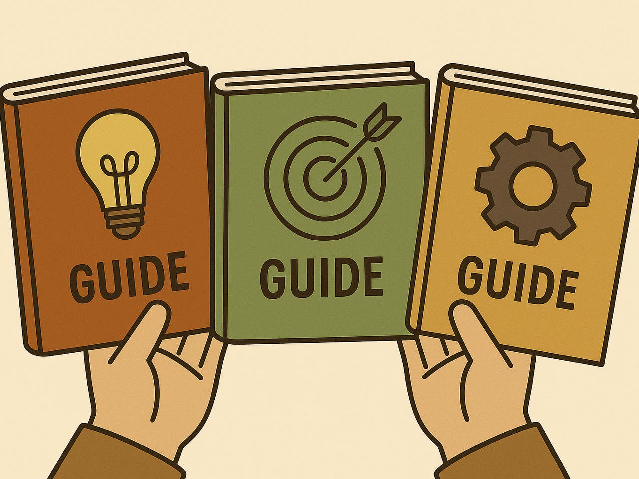 Illustration of three guidebooks being held in hands.