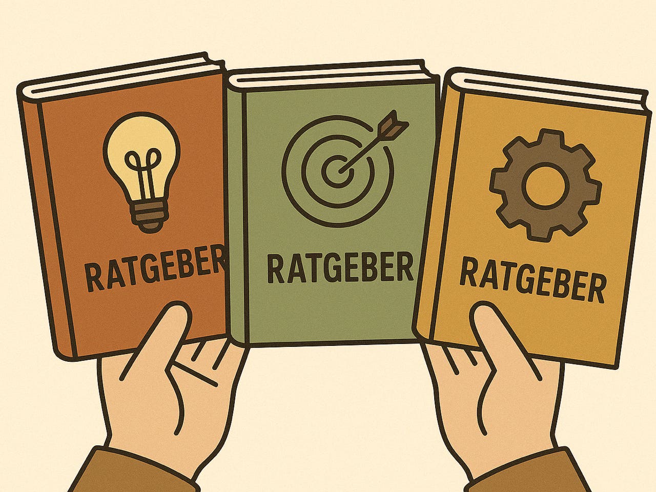 Illustration von drei Ratgeberbüchern in Händen gehalten