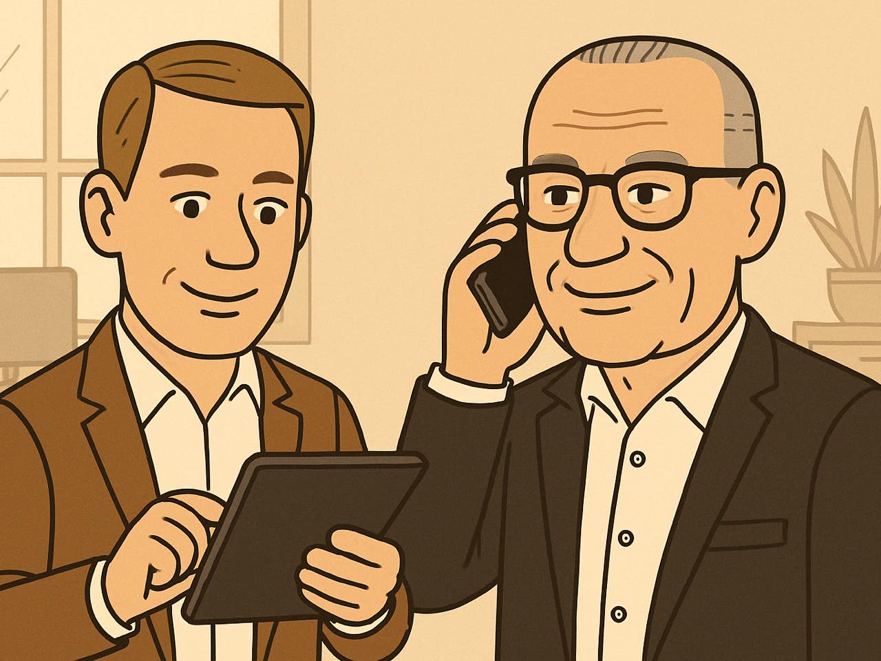 Illustration of two team consultants in conversation – one on the phone, the other with a tablet.